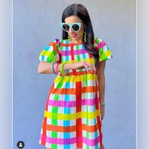 Never Fully Dressed Rainbow Plaid Shirred Midi Dress